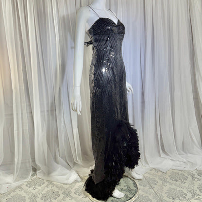 LILLIE RUBIN vintage evening dress gown, 1980s Black Sequin Feather Trim slip gown