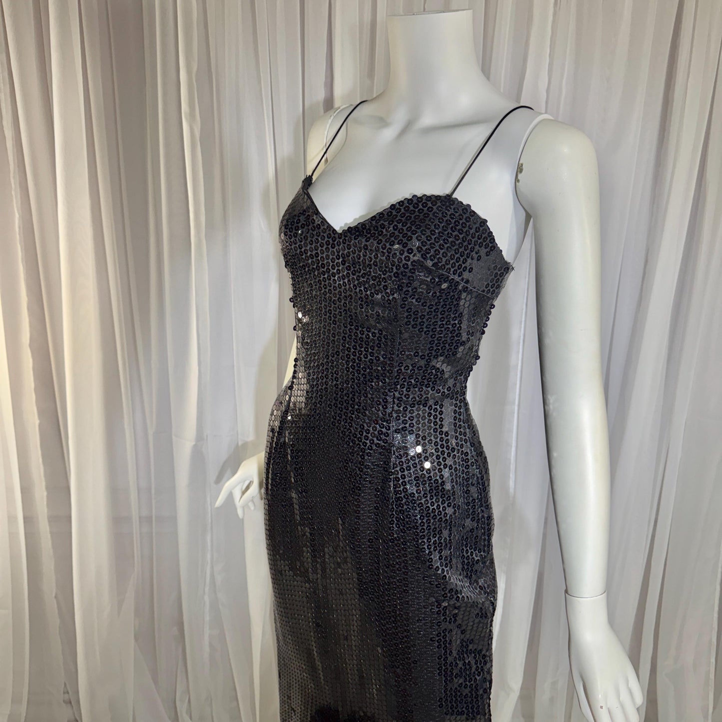 LILLIE RUBIN vintage evening dress gown, 1980s Black Sequin Feather Trim slip gown