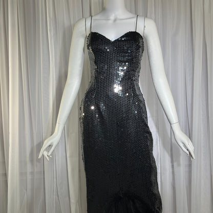 LILLIE RUBIN vintage evening dress gown, 1980s Black Sequin Feather Trim slip gown