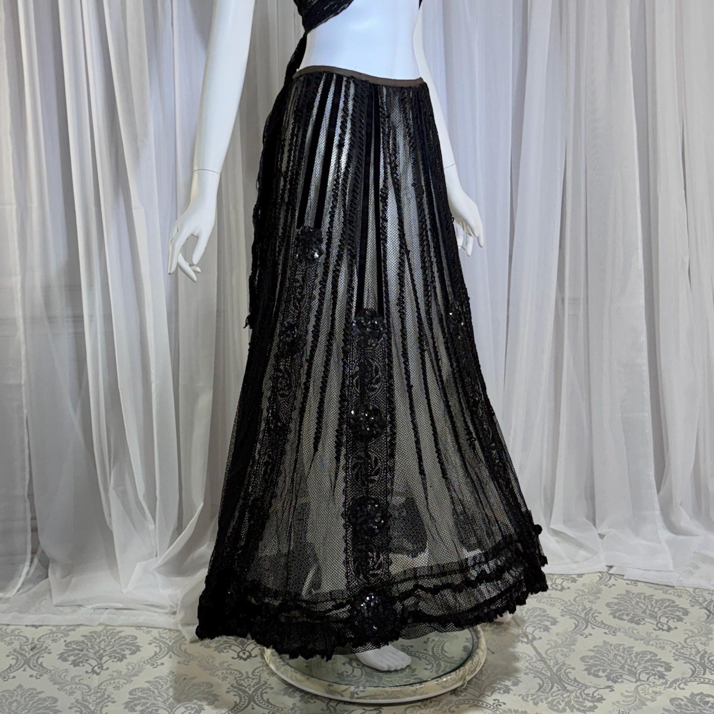 1800s Vintage Victorian mesh over skirt, Antique ornate sequin sheer maxi skirt