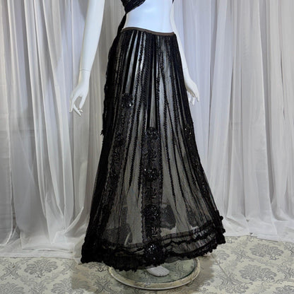 1800s Vintage Victorian mesh over skirt, Antique ornate sequin sheer maxi skirt