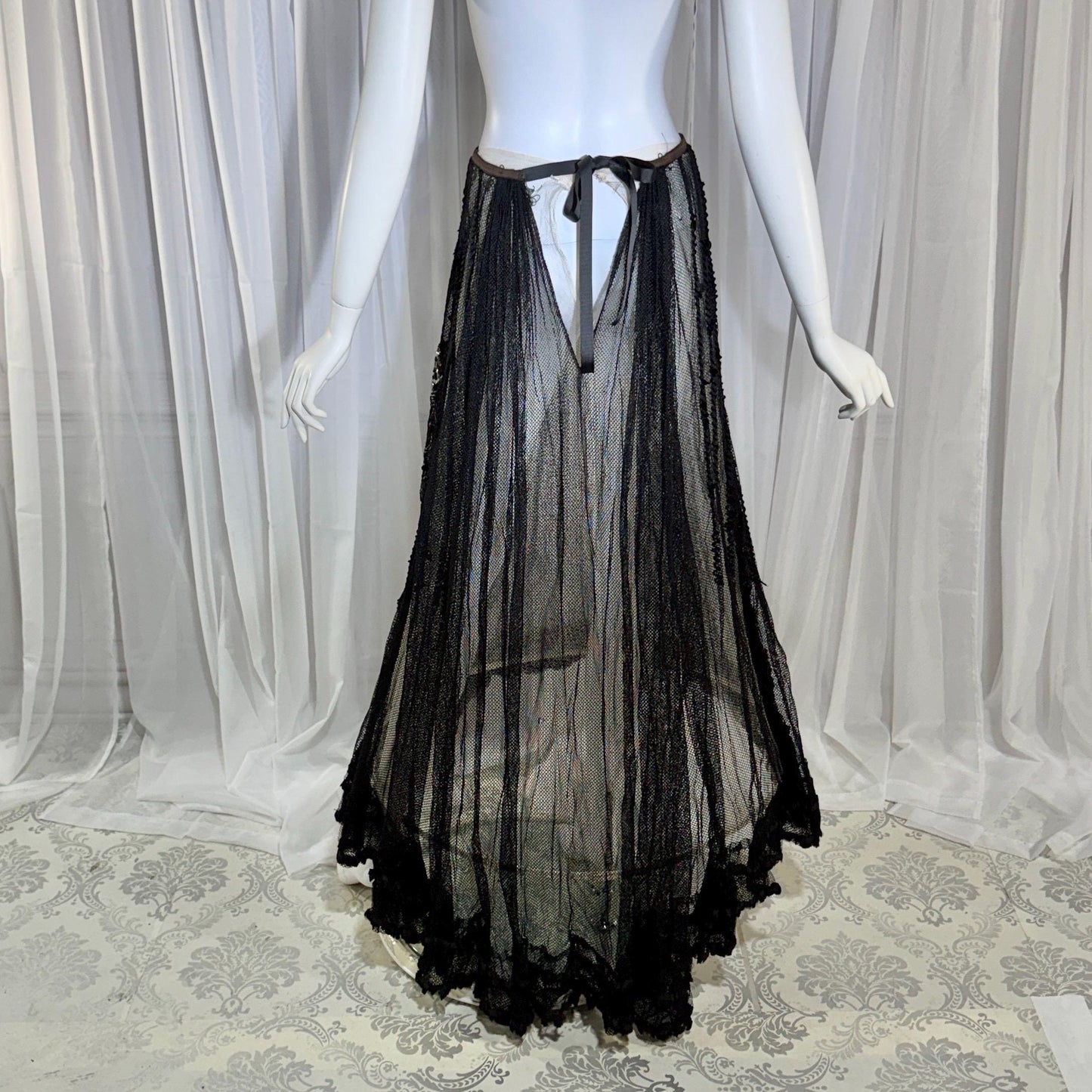 1800s Vintage Victorian mesh over skirt, Antique ornate sequin sheer maxi skirt