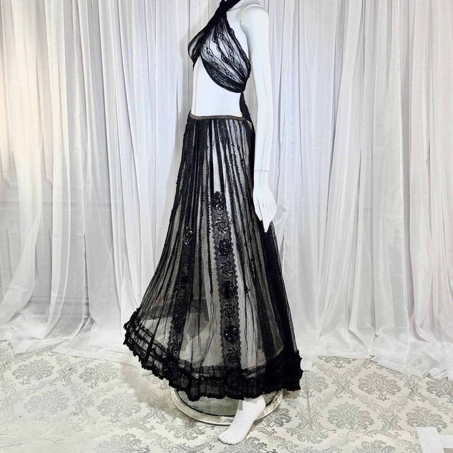 1800s Vintage Victorian mesh over skirt, Antique ornate sequin sheer maxi skirt