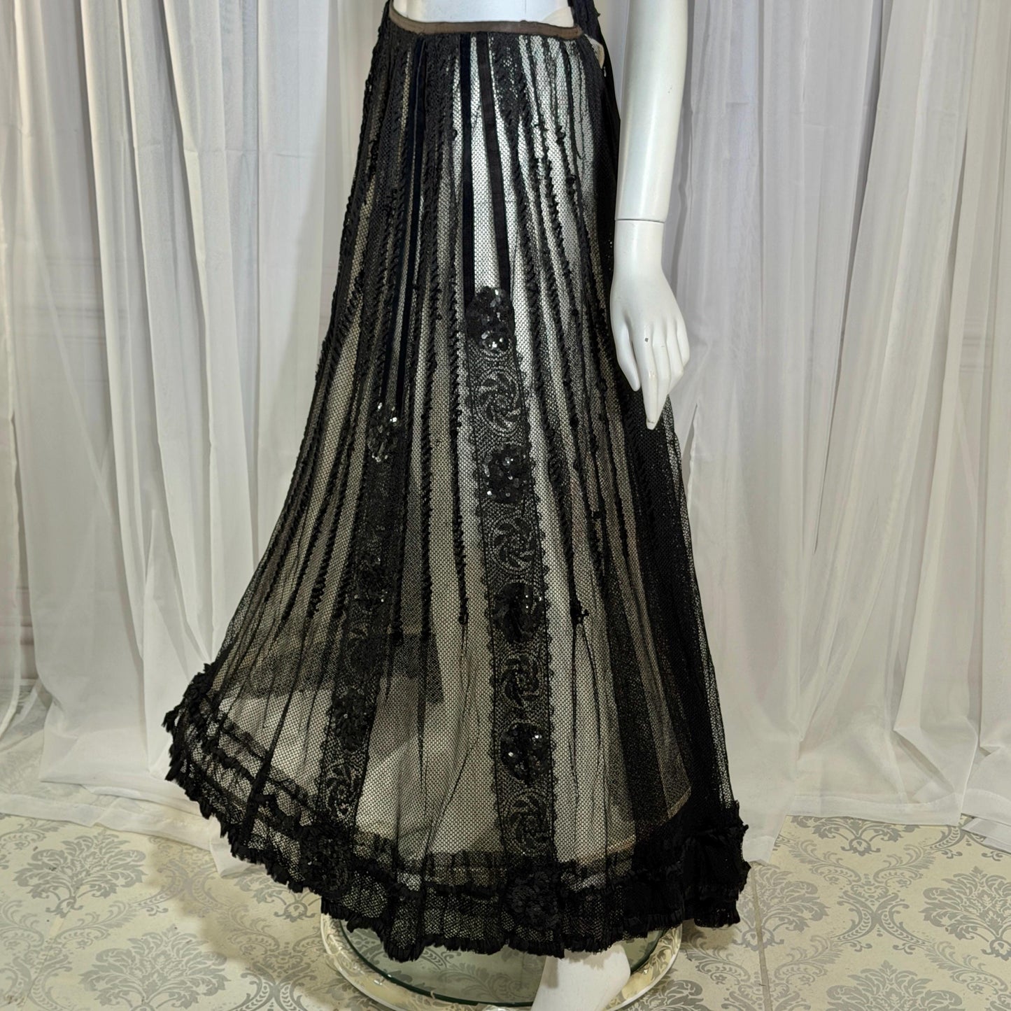 1800s Vintage Victorian mesh over skirt, Antique ornate sequin sheer maxi skirt
