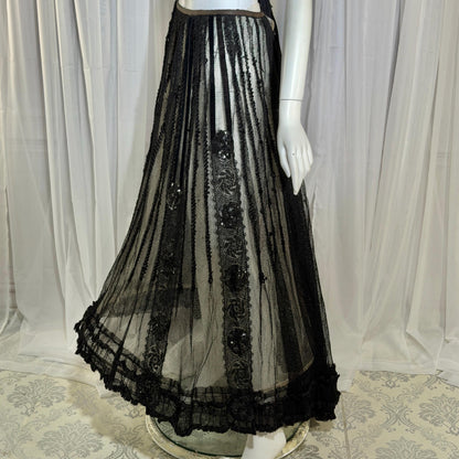 1800s Vintage Victorian mesh over skirt, Antique ornate sequin sheer maxi skirt