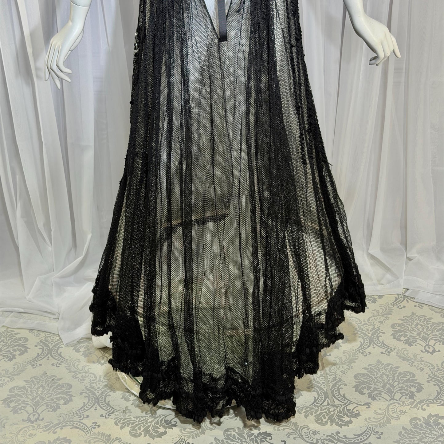 1800s Vintage Victorian mesh over skirt, Antique ornate sequin sheer maxi skirt
