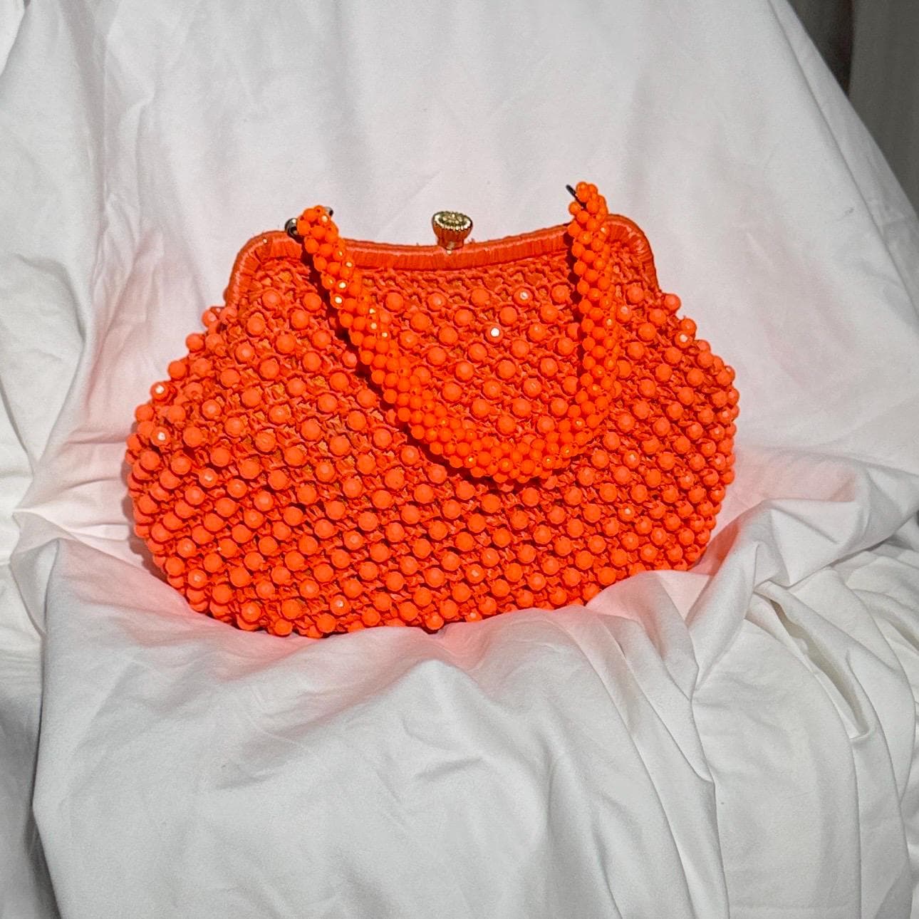 RITTER vintage 1960s handbag purse, Made in Italy neon orange Rafia Beaded top handle frame bag