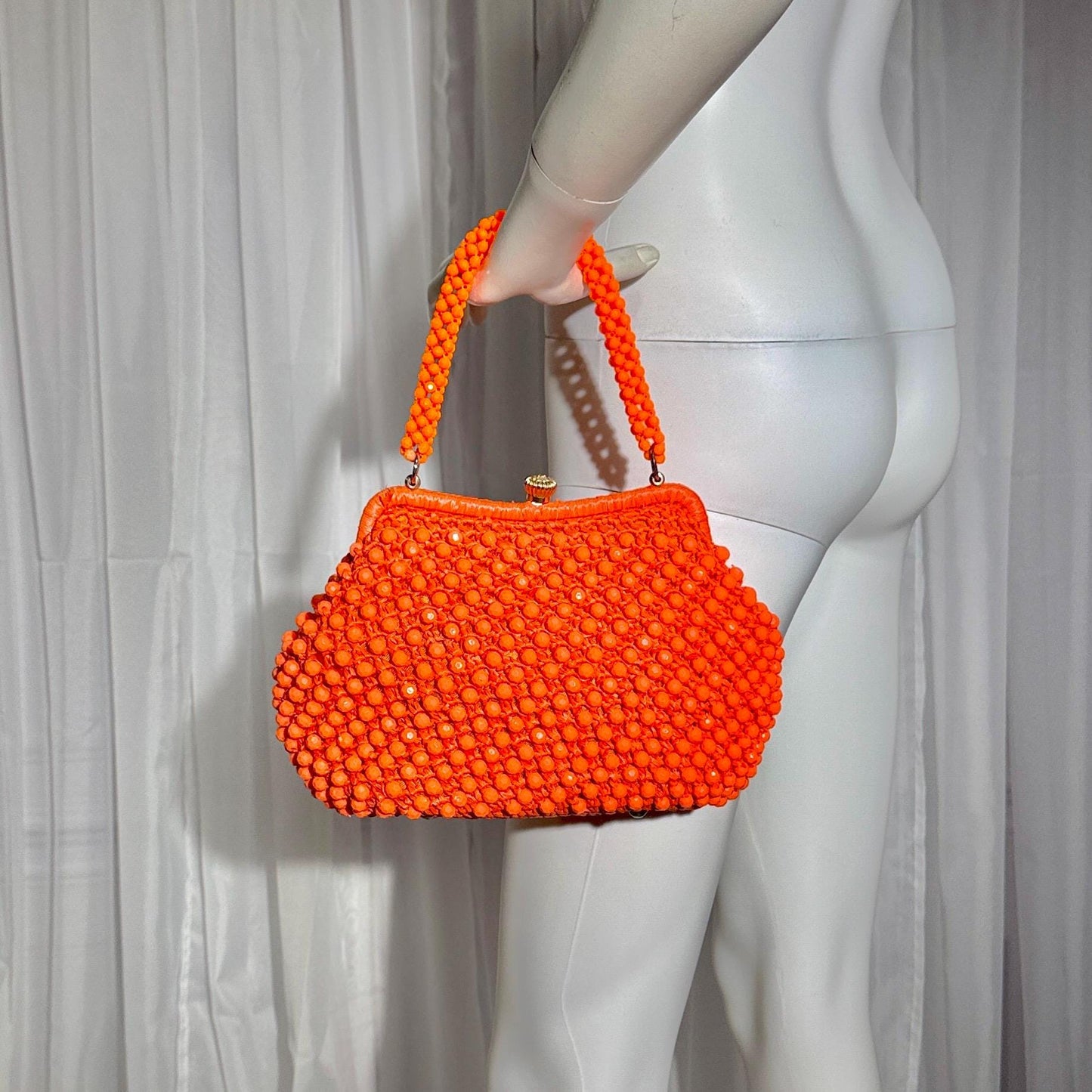 RITTER vintage 1960s handbag purse, Made in Italy neon orange Rafia Beaded top handle frame bag