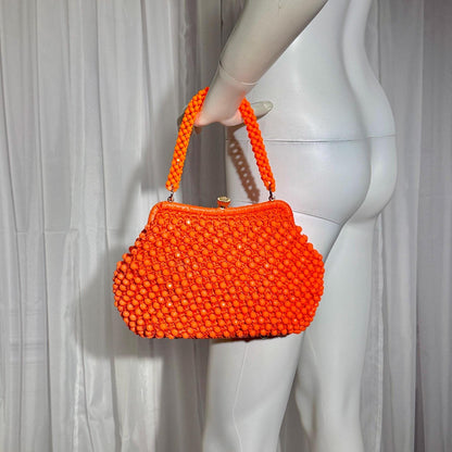 RITTER vintage 1960s handbag purse, Made in Italy neon orange Rafia Beaded top handle frame bag