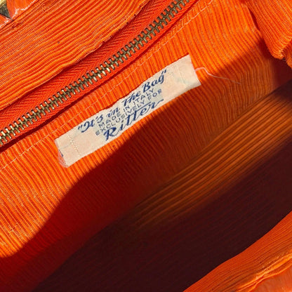 RITTER vintage 1960s handbag purse, Made in Italy neon orange Rafia Beaded top handle frame bag