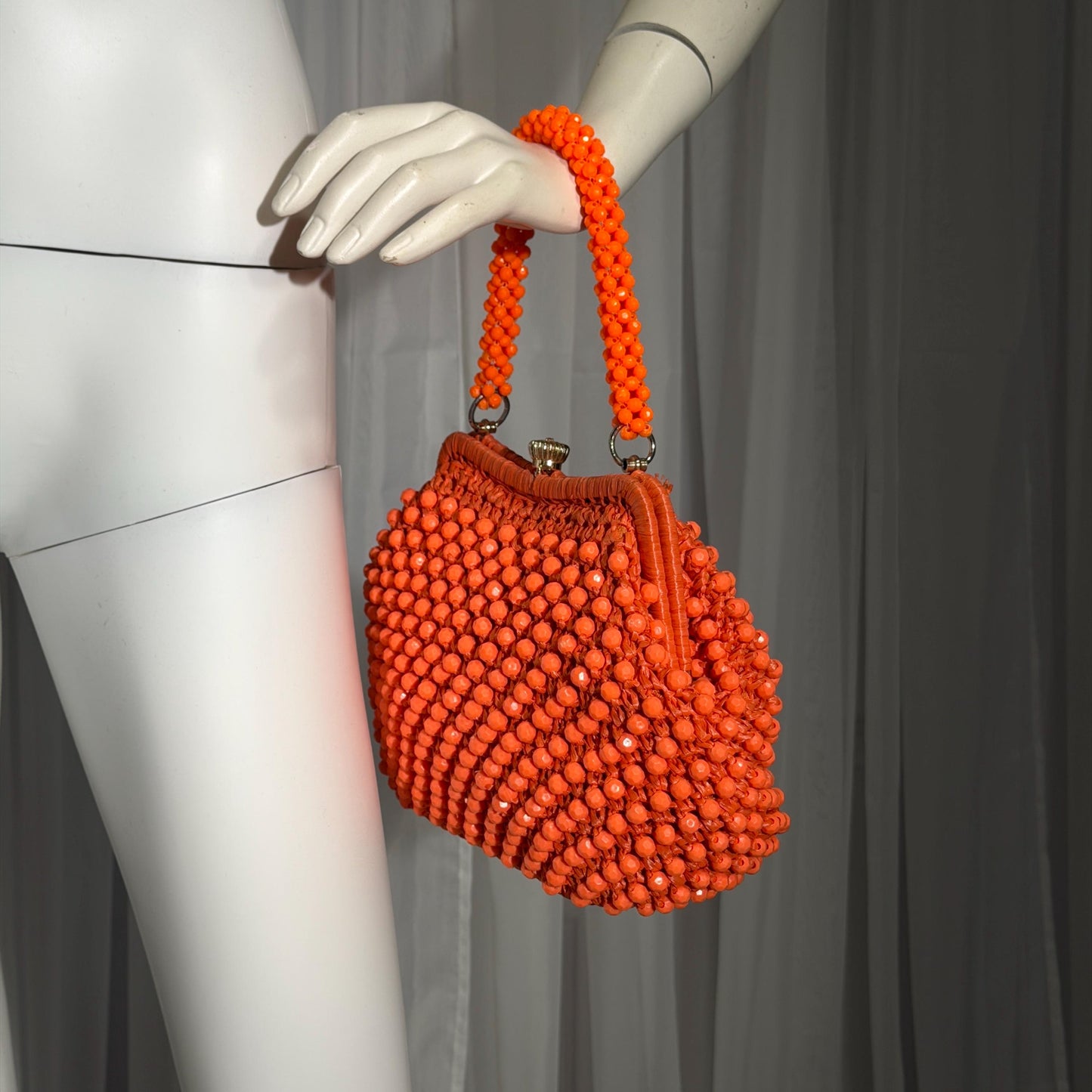RITTER vintage 1960s handbag purse, Made in Italy neon orange Rafia Beaded top handle frame bag