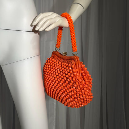 RITTER vintage 1960s handbag purse, Made in Italy neon orange Rafia Beaded top handle frame bag