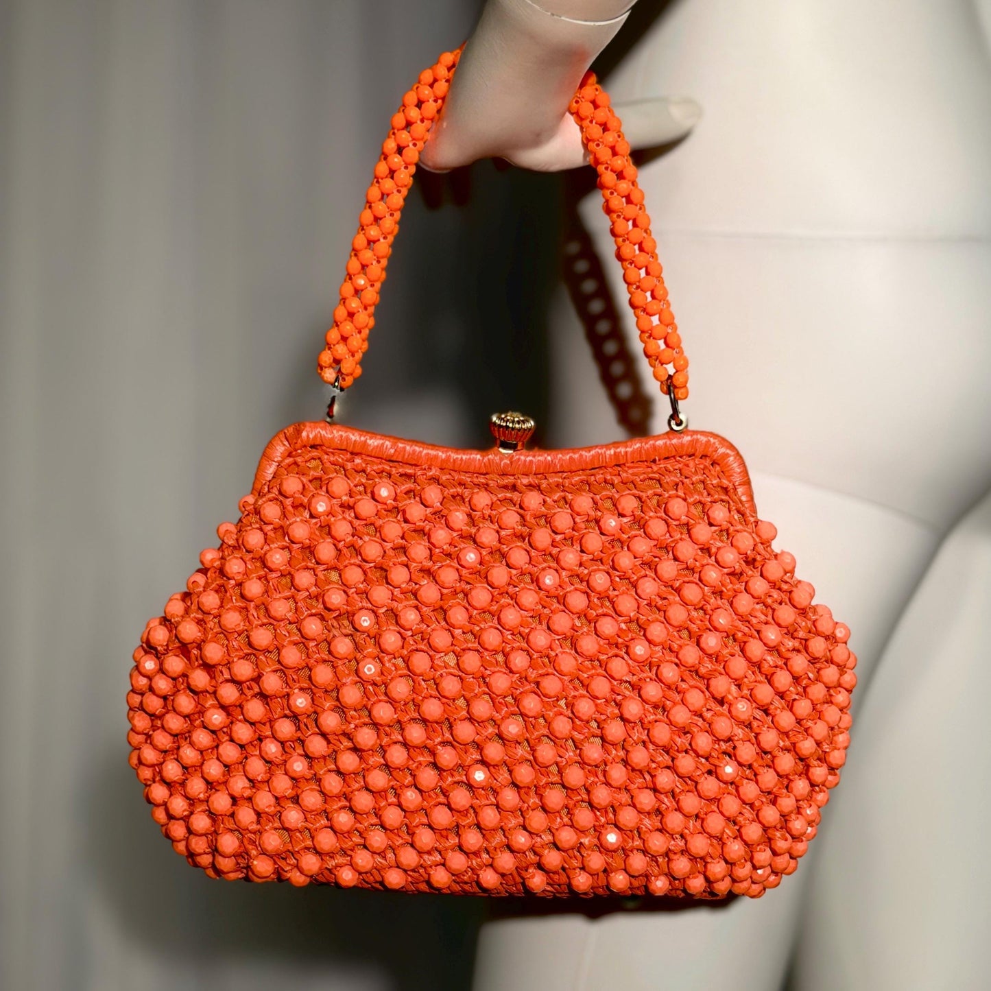 RITTER vintage 1960s handbag purse, Made in Italy neon orange Rafia Beaded top handle frame bag