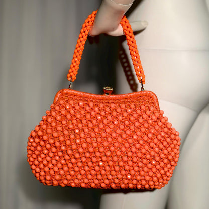 RITTER vintage 1960s handbag purse, Made in Italy neon orange Rafia Beaded top handle frame bag