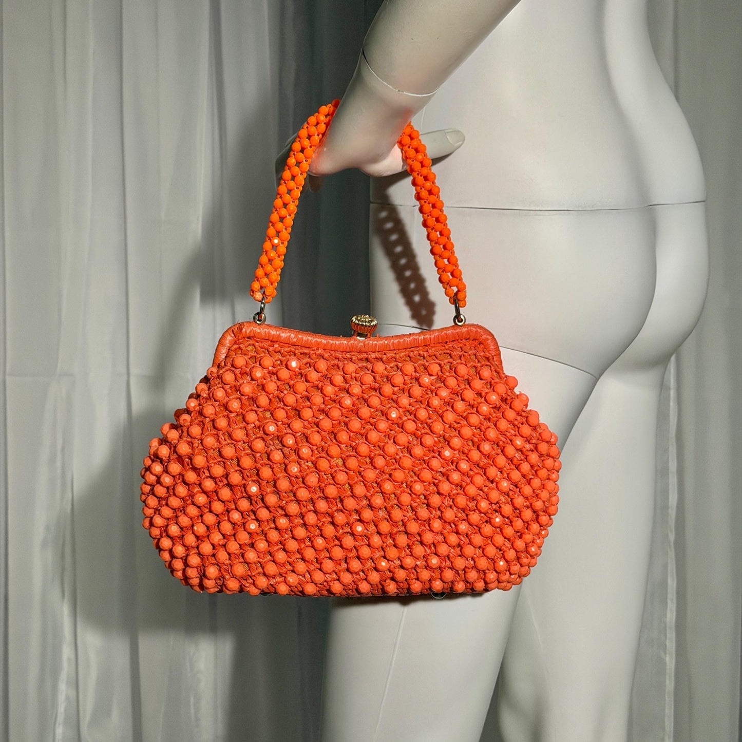 RITTER vintage 1960s handbag purse, Made in Italy neon orange Rafia Beaded top handle frame bag