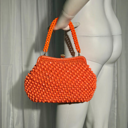 RITTER vintage 1960s handbag purse, Made in Italy neon orange Rafia Beaded top handle frame bag