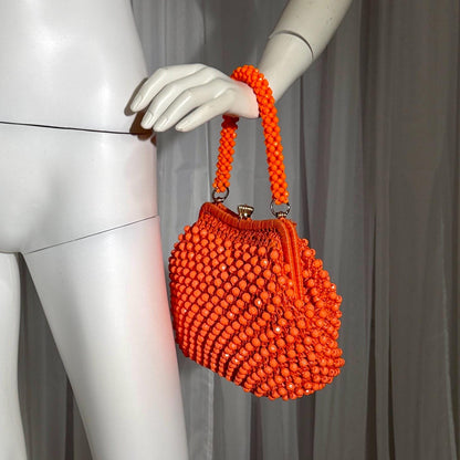 RITTER vintage 1960s handbag purse, Made in Italy neon orange Rafia Beaded top handle frame bag