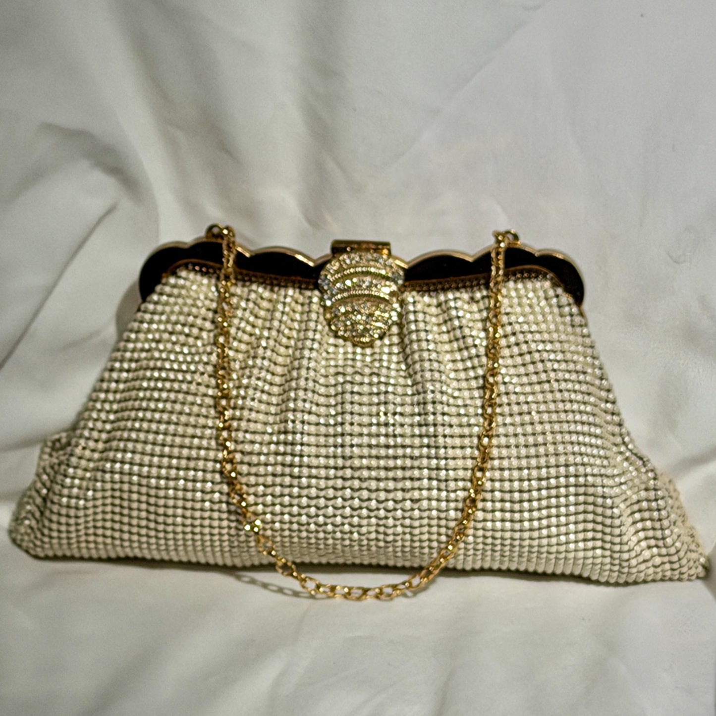 WHITING & DAVIS vintage 1950s evening bag, Mesh Pearly White Bridal purse, Rhinestone dance bag