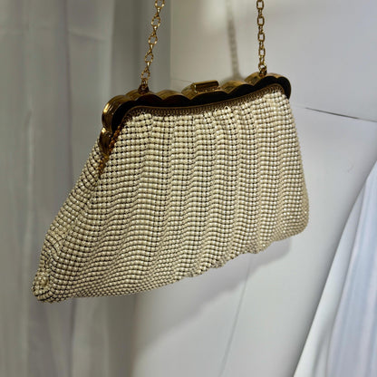 WHITING & DAVIS vintage 1950s evening bag, Mesh Pearly White Bridal purse, Rhinestone dance bag