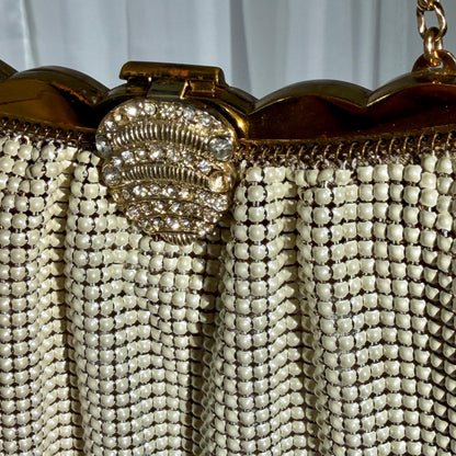WHITING & DAVIS vintage 1950s evening bag, Mesh Pearly White Bridal purse, Rhinestone dance bag