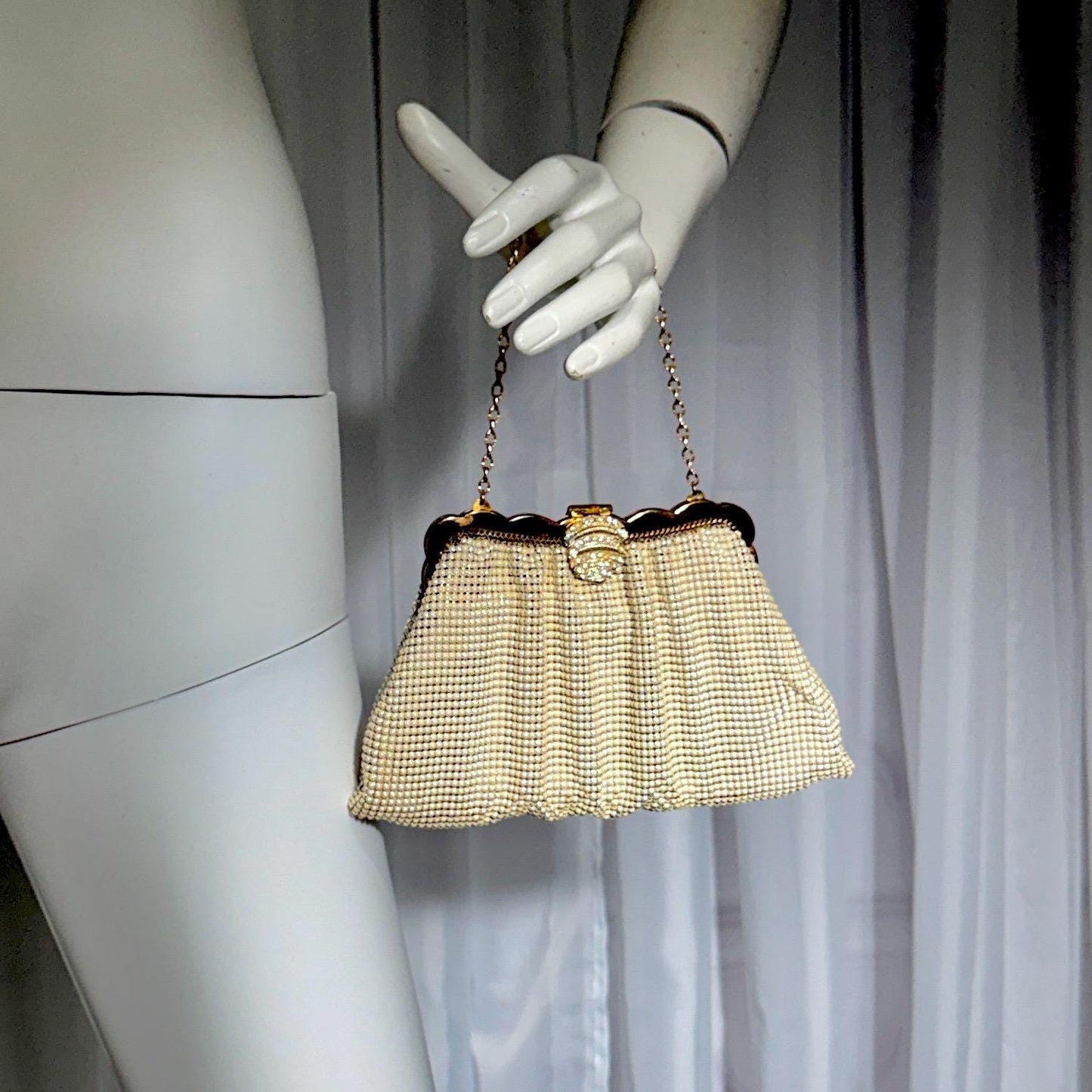 WHITING & DAVIS vintage 1950s evening bag, Mesh Pearly White Bridal purse, Rhinestone dance bag
