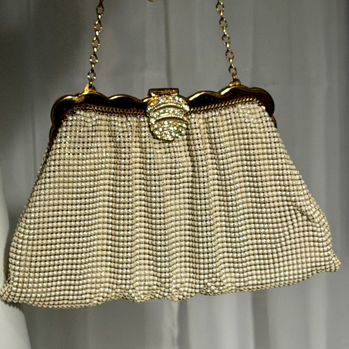 WHITING & DAVIS vintage 1950s evening bag, Mesh Pearly White Bridal purse, Rhinestone dance bag