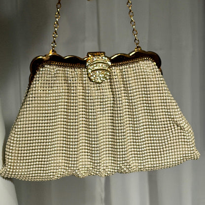 WHITING & DAVIS vintage 1950s evening bag, Mesh Pearly White Bridal purse, Rhinestone dance bag