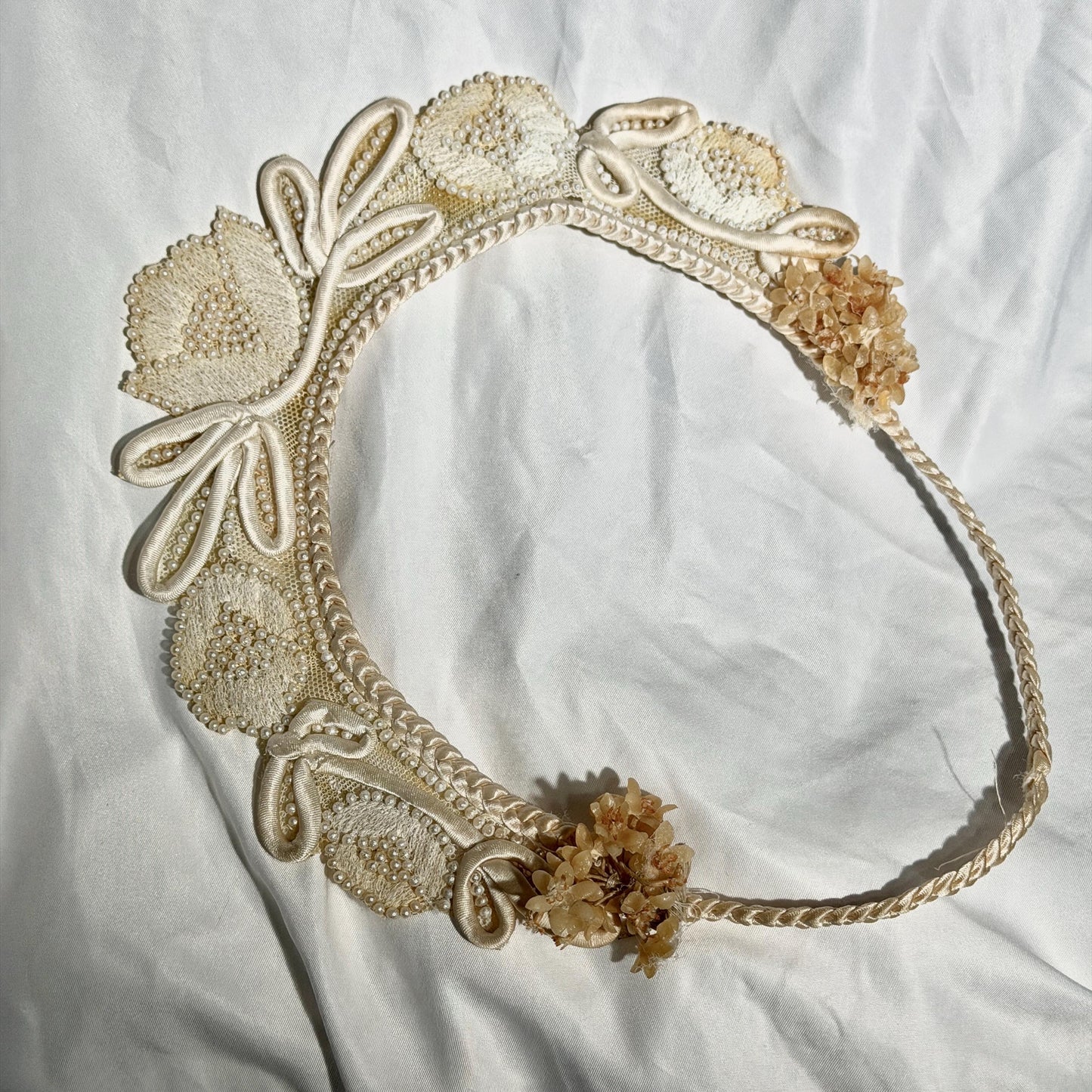 1920s vintage bridal crown tiara, white seed pearl and lace antique wedding head piece, wax flowers
