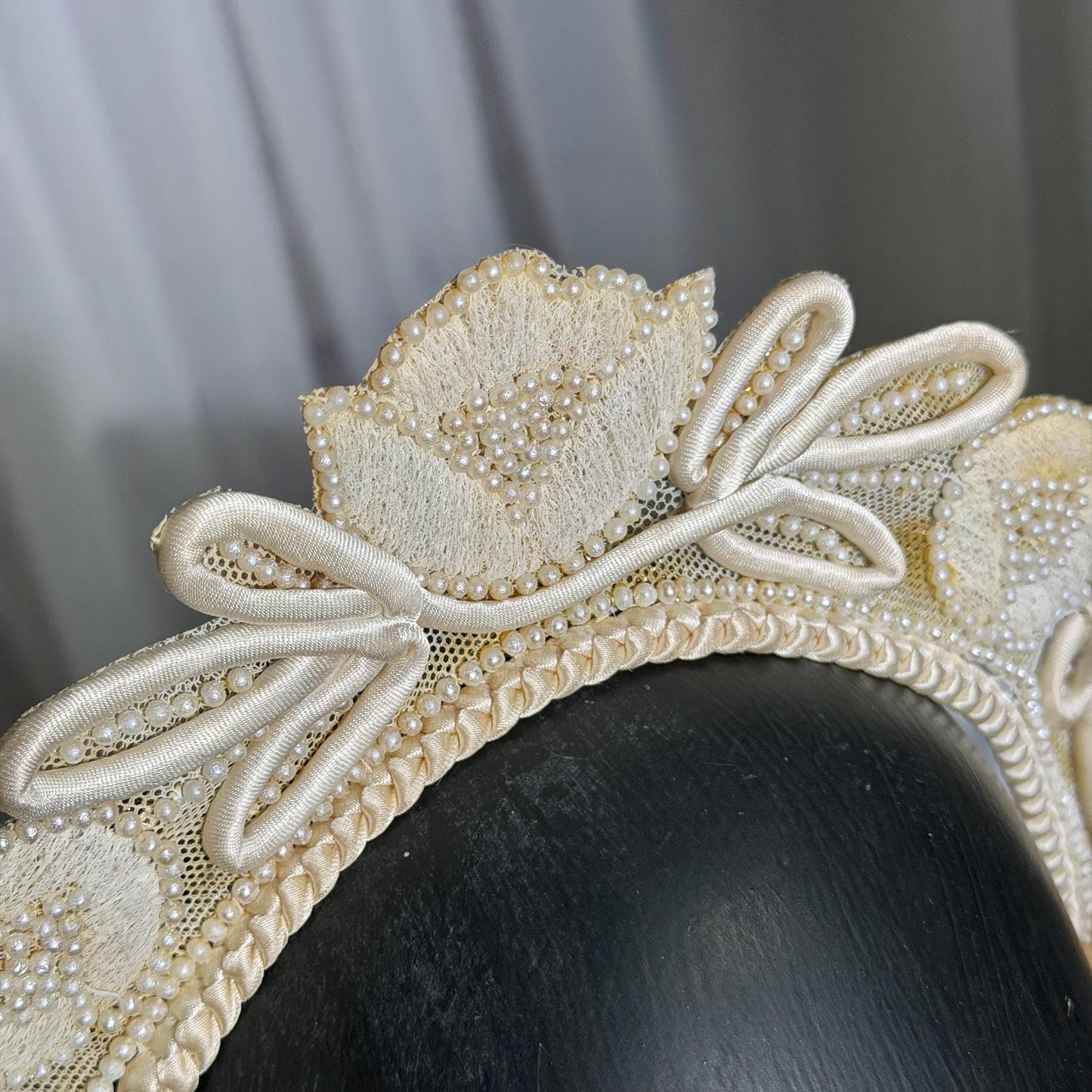 1920s vintage bridal crown tiara, white seed pearl and lace antique wedding head piece, wax flowers
