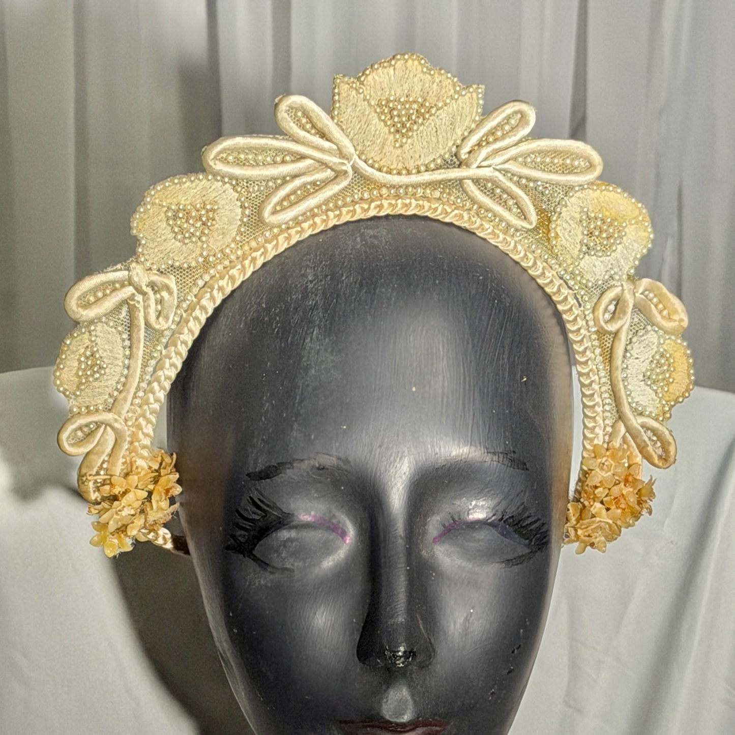 1920s vintage bridal crown tiara, white seed pearl and lace antique wedding head piece, wax flowers