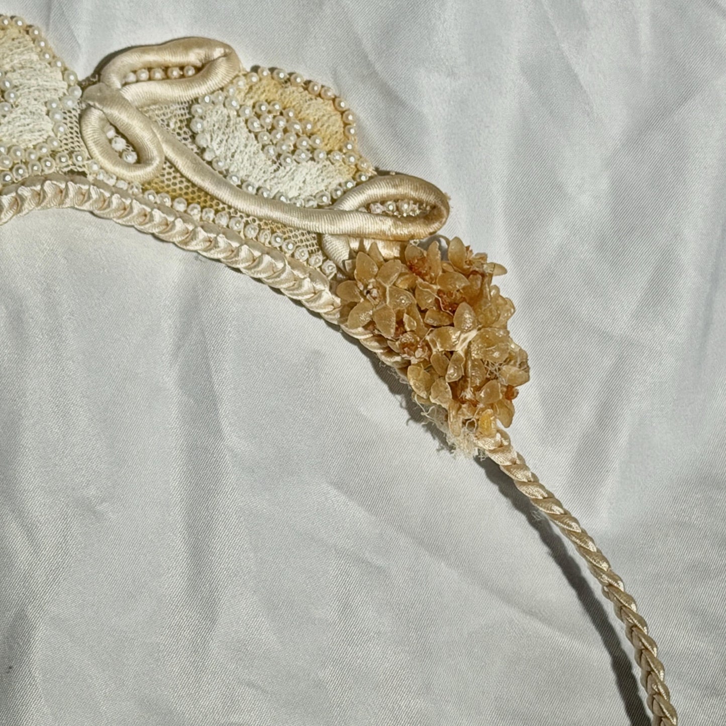 1920s vintage bridal crown tiara, white seed pearl and lace antique wedding head piece, wax flowers