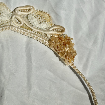 1920s vintage bridal crown tiara, white seed pearl and lace antique wedding head piece, wax flowers