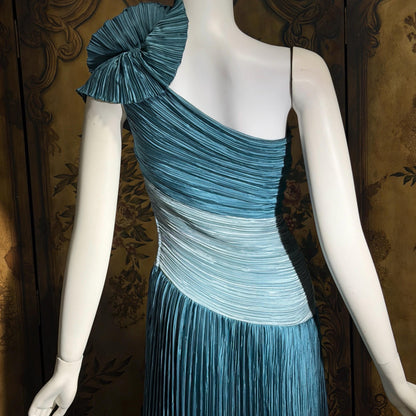 MARY MCFADDEN vintage evening dress, 1970s Neiman Marcus Teal One Shoulder plisse pleats gown