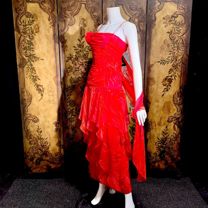HARRY ACTON vintage evening dress gown, 1980s Red chiffon tiered ruffle scarf dress