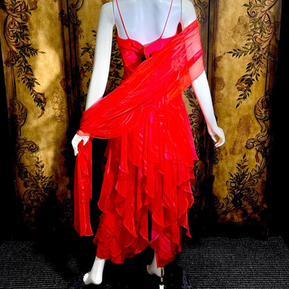 HARRY ACTON vintage evening dress gown, 1980s Red chiffon tiered ruffle scarf dress
