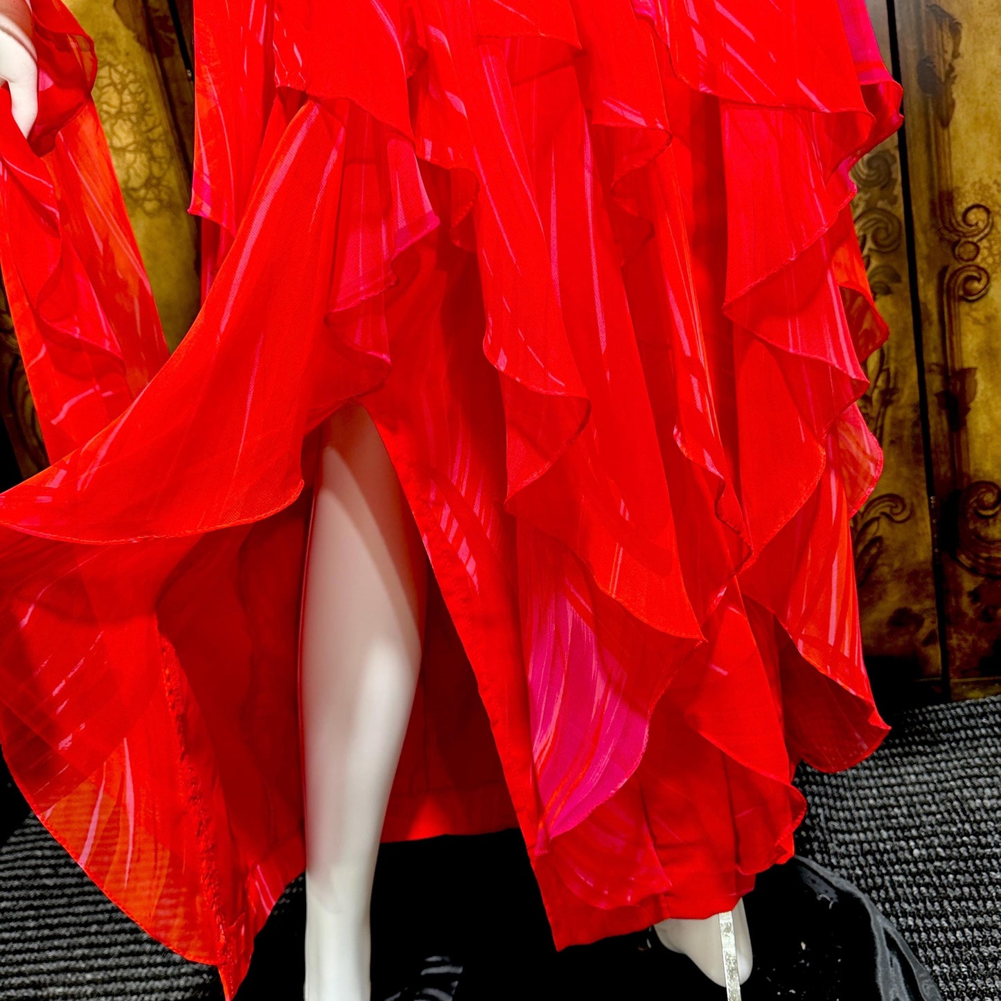 HARRY ACTON vintage evening dress gown, 1980s Red chiffon tiered ruffle scarf dress