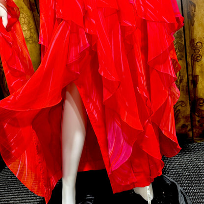 HARRY ACTON vintage evening dress gown, 1980s Red chiffon tiered ruffle scarf dress