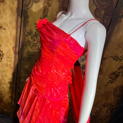HARRY ACTON vintage evening dress gown, 1980s Red chiffon tiered ruffle scarf dress