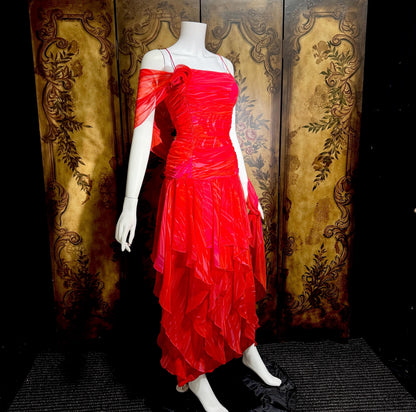 HARRY ACTON vintage evening dress gown, 1980s Red chiffon tiered ruffle scarf dress