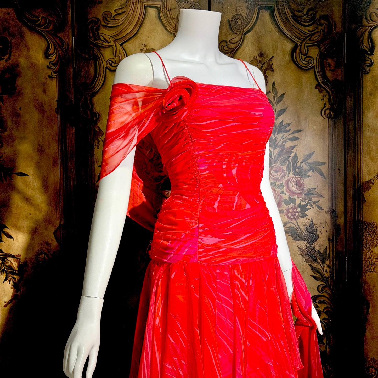 HARRY ACTON vintage evening dress gown, 1980s Red chiffon tiered ruffle scarf dress