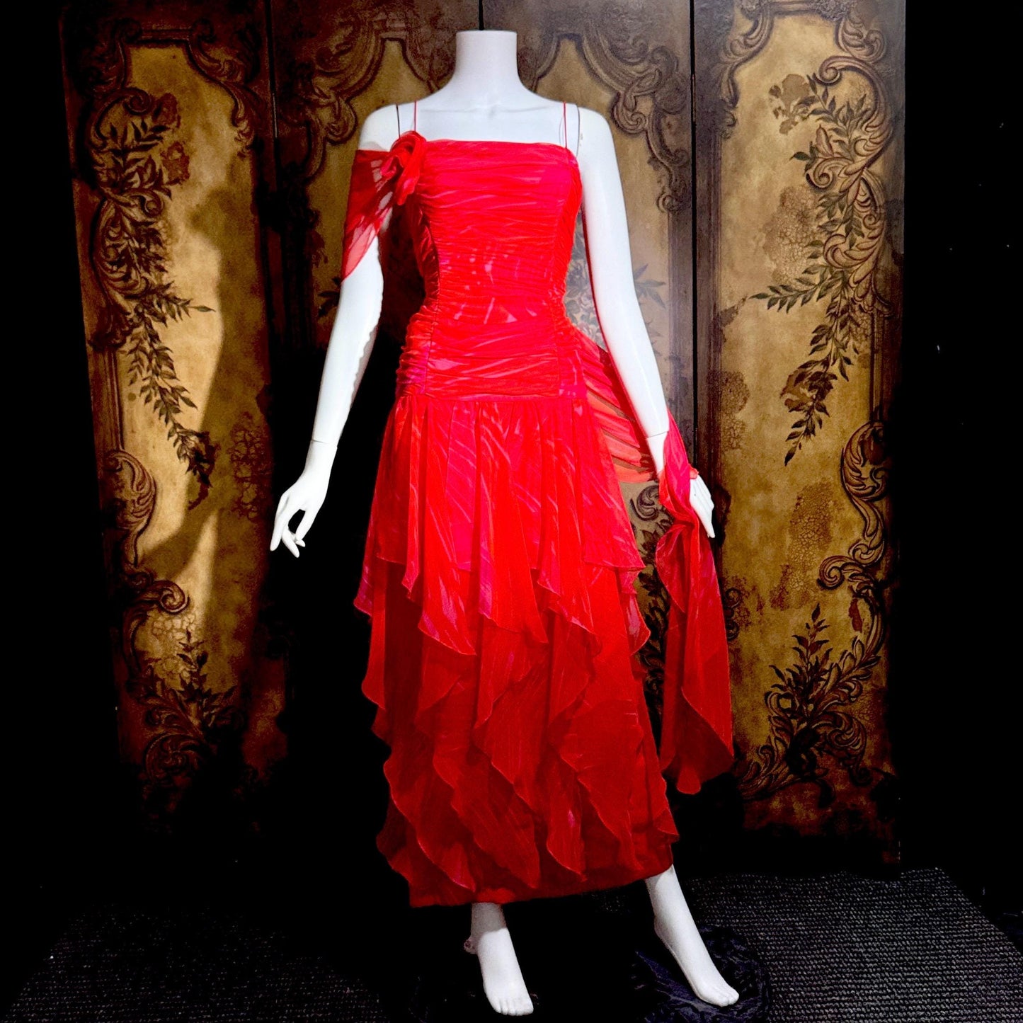 HARRY ACTON vintage evening dress gown, 1980s Red chiffon tiered ruffle scarf dress