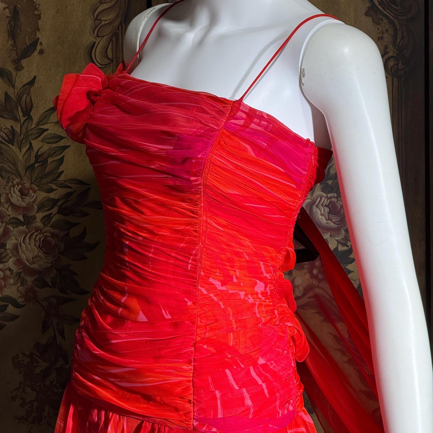 HARRY ACTON vintage evening dress gown, 1980s Red chiffon tiered ruffle scarf dress