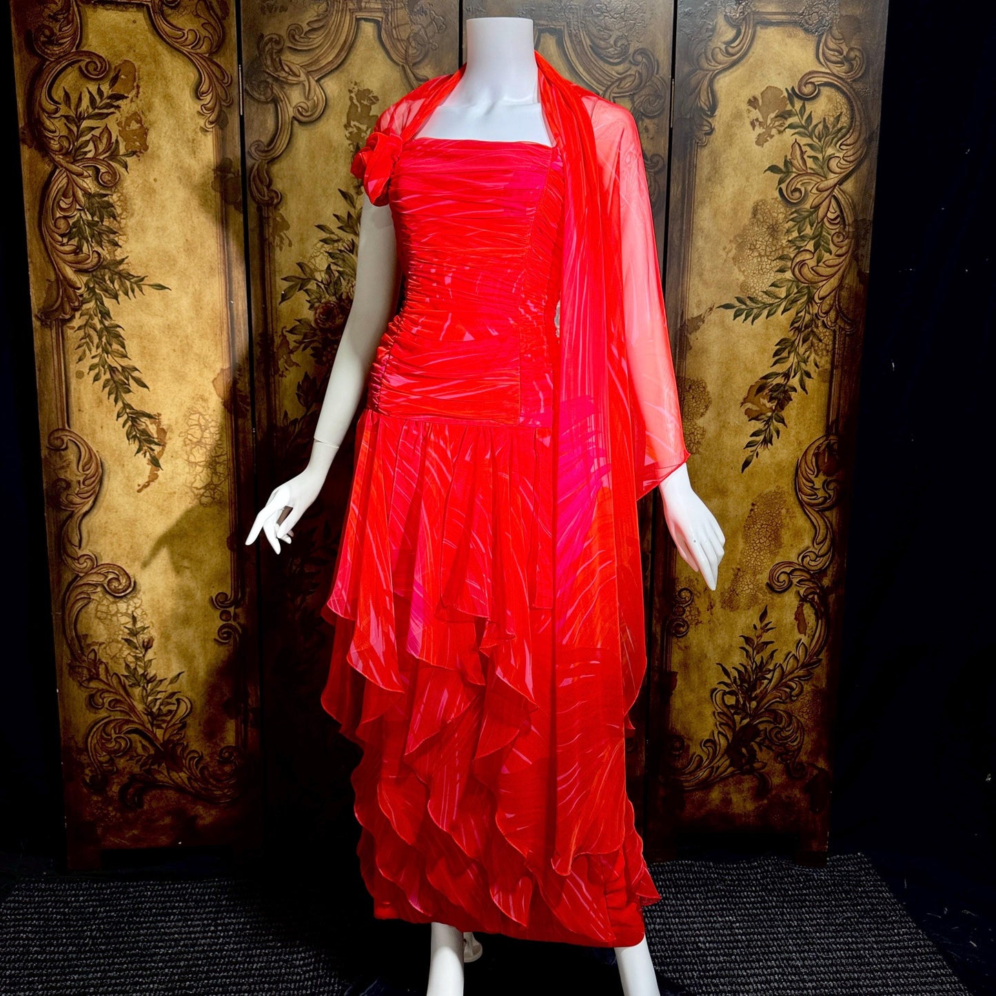 HARRY ACTON vintage evening dress gown, 1980s Red chiffon tiered ruffle scarf dress