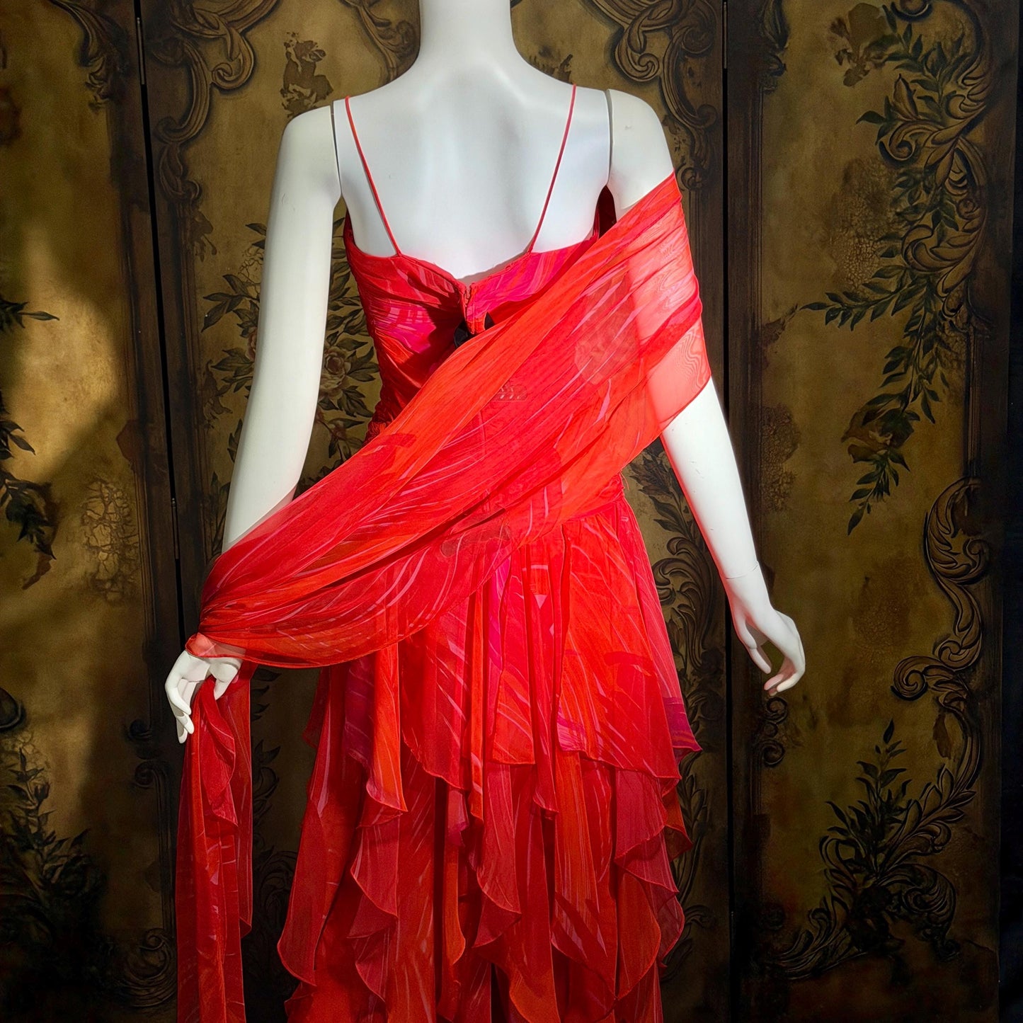 HARRY ACTON vintage evening dress gown, 1980s Red chiffon tiered ruffle scarf dress