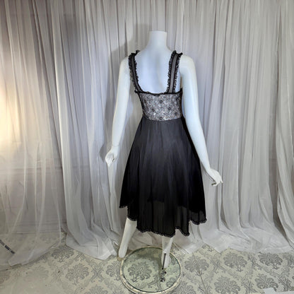 YOLANDE Vintage Nightgown Slip dress, 1950s Black Nylon short lingerie dress