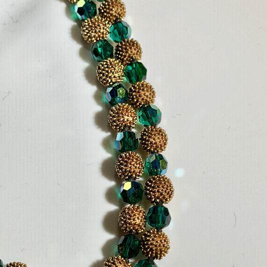 1950s vintage necklace, Faceted Iridescent Green Glass with Gold Metal Beads 2 Strand necklace