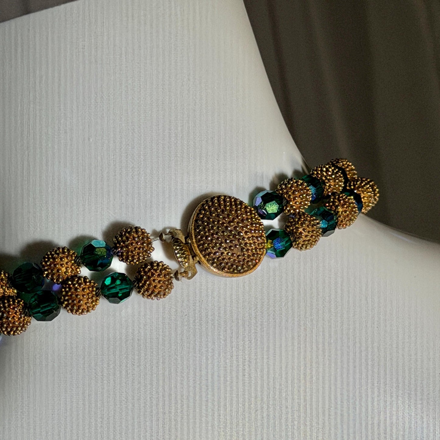 1950s vintage necklace, Faceted Iridescent Green Glass with Gold Metal Beads 2 Strand necklace