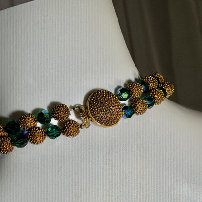 1950s vintage necklace, Faceted Iridescent Green Glass with Gold Metal Beads 2 Strand necklace