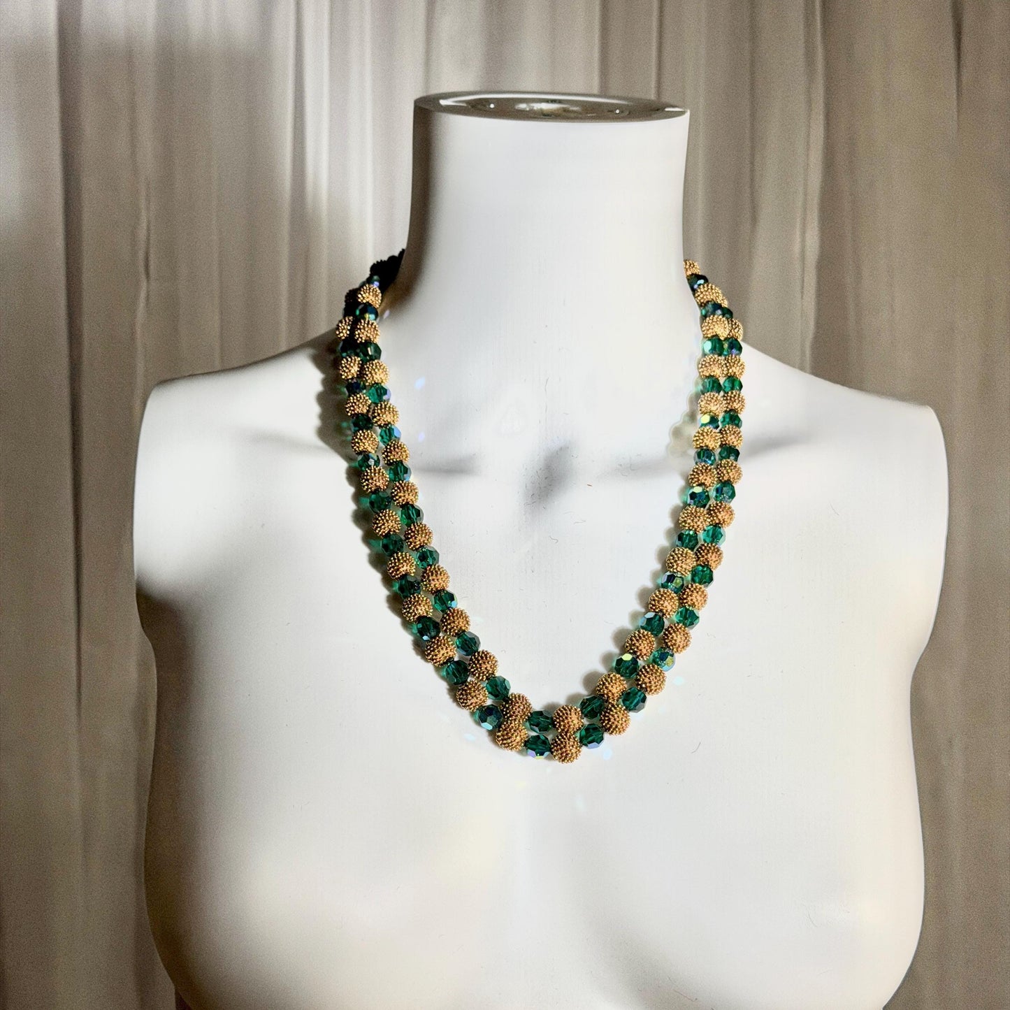1950s vintage necklace, Faceted Iridescent Green Glass with Gold Metal Beads 2 Strand necklace