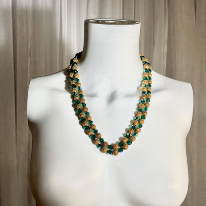 1950s vintage necklace, Faceted Iridescent Green Glass with Gold Metal Beads 2 Strand necklace